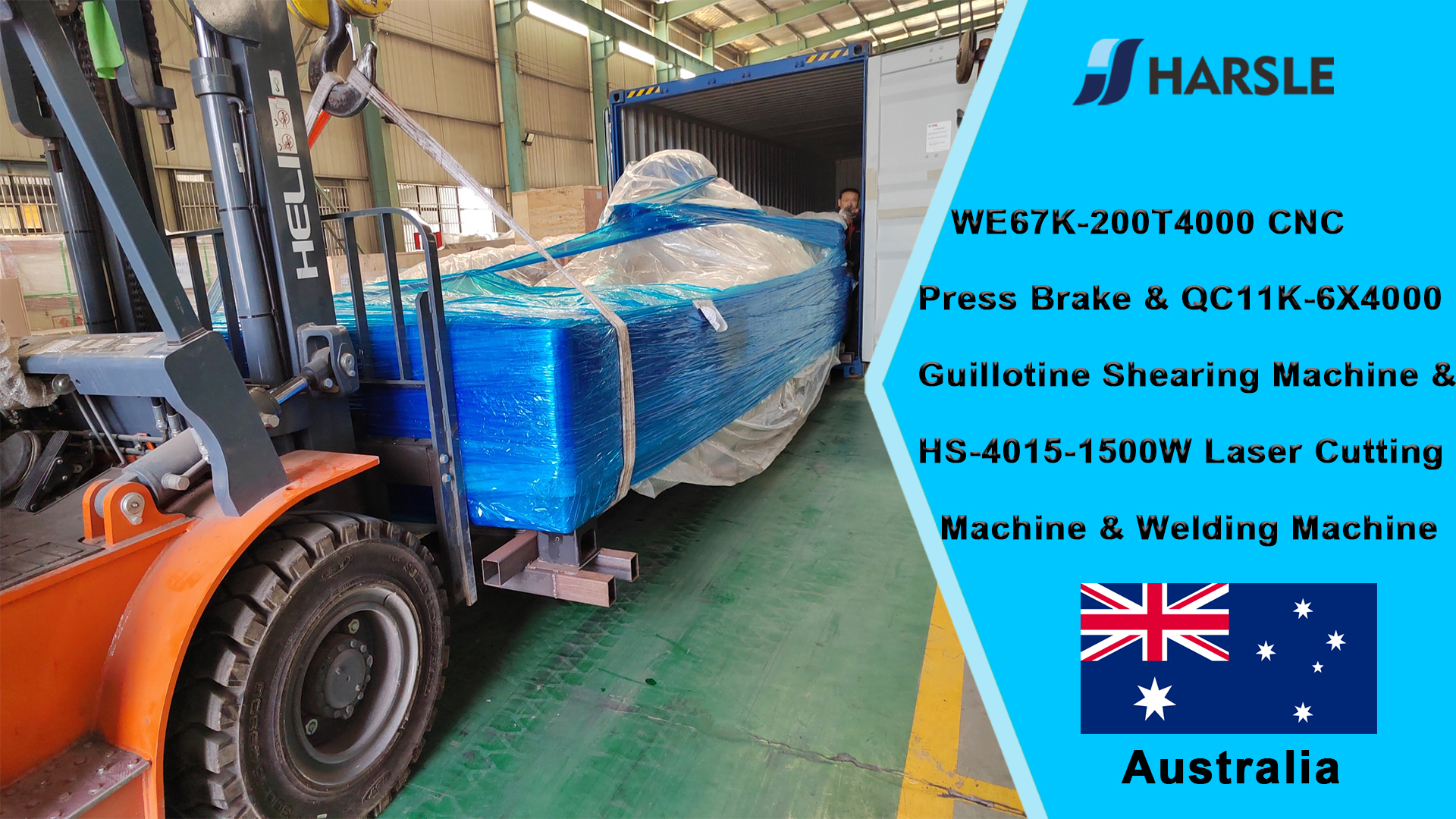 Australia-WE67K-200T4000 CNC Press Brake & QC11K-6X4000 Guillotine Shear Machine & HS-4015-1500W Laser Cutter & Welding Machine